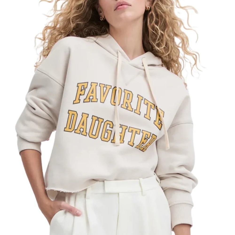 Favorite Daughter Women Oatmeal Beige Graphic Cropped Hoodie Sweatshirt Size L
